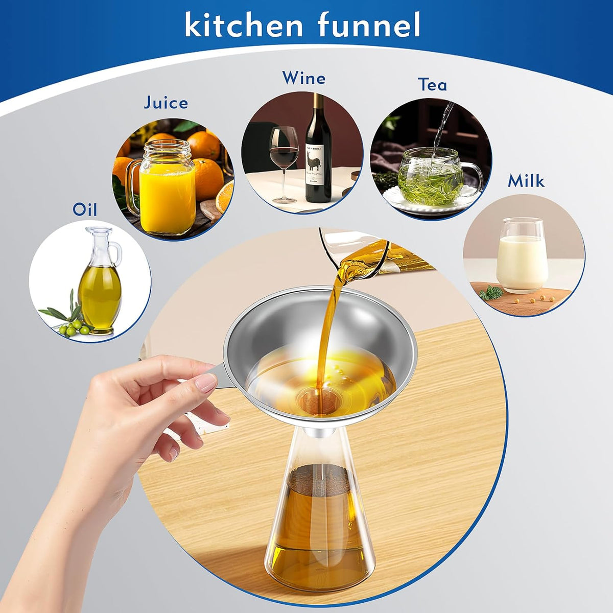 Stainless Steel Funnel with 30 Mesh Filter Food Grade Metal Funnel for Kitchen, Liquids, Oil