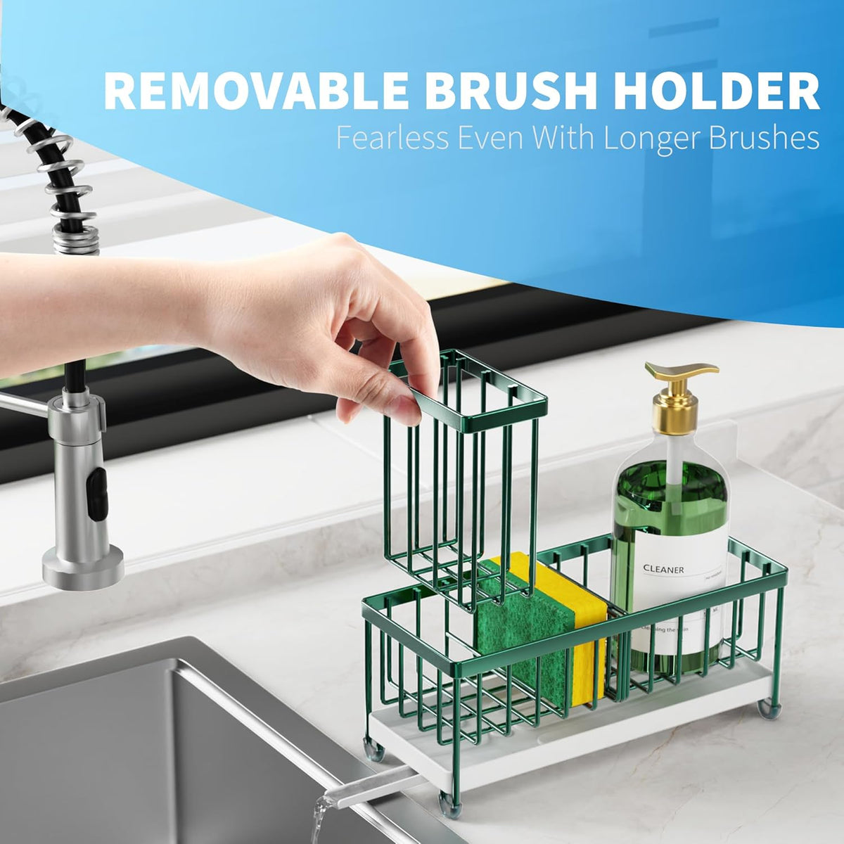 Cisily Sponge Holder for Kitchen Sink, Sink Caddy Organizer with High Brush Holder, Countertop