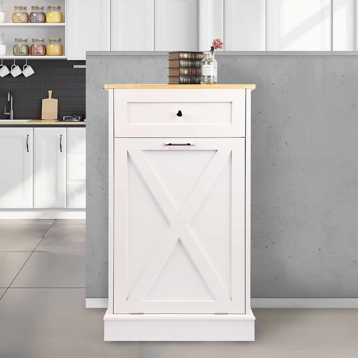 Betterhood Tilt Out Trash Cabinet 10 Gallon Wooden Free Standing Laundry Sorter Cabinet,Recycling