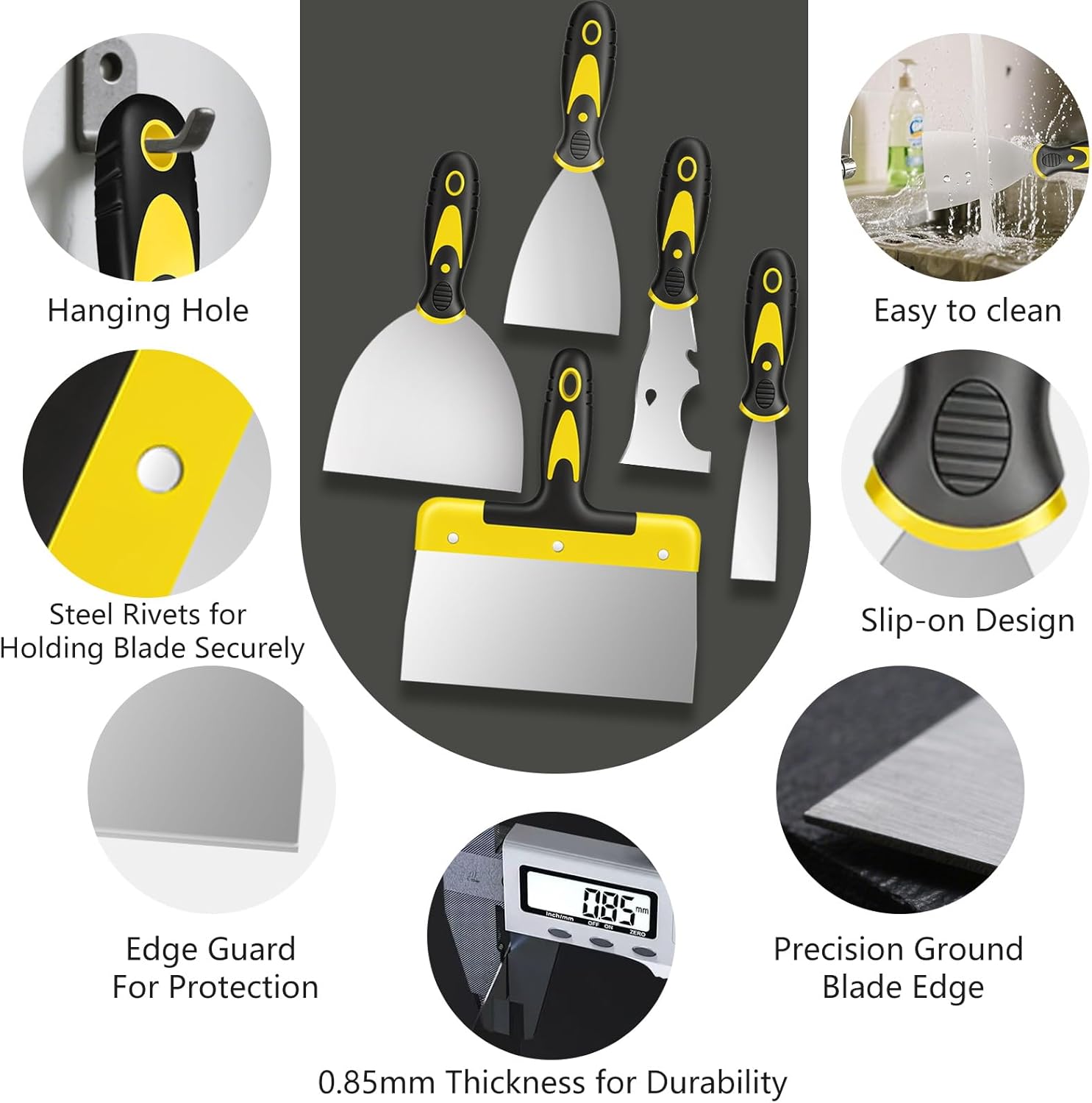 Spackle Knife Set, 5 PCS Stainless Steel Putty Knife Set Include 4 Paint Scrapers and 1 Multi