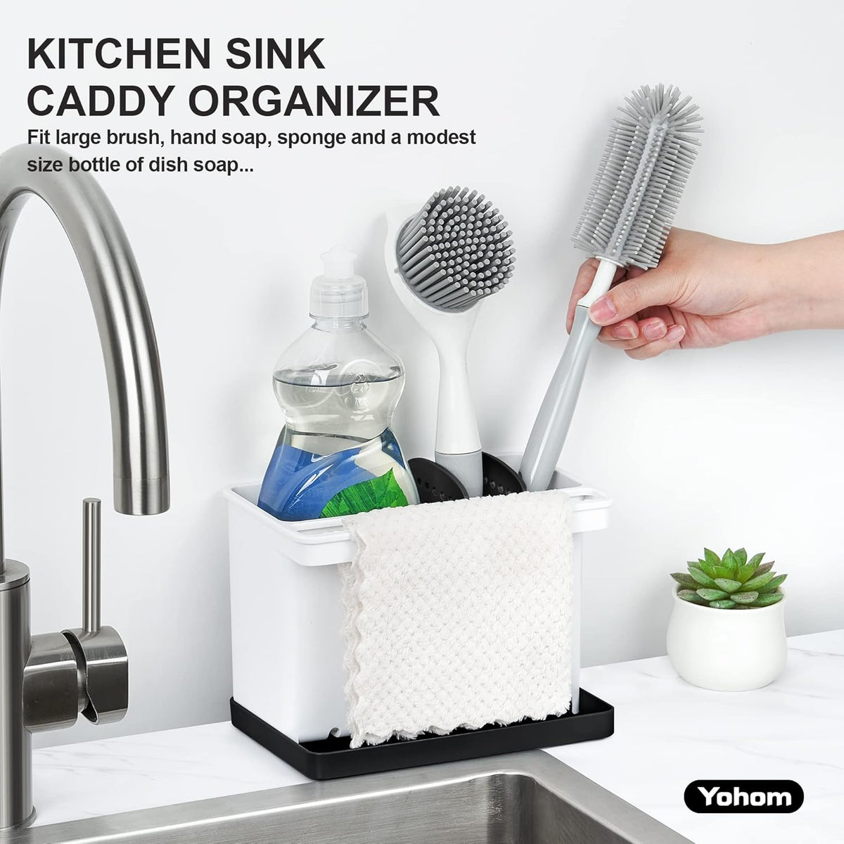 YOHOM Kitchen Sponge Brush Holder for Sink Black Dish Sponge Caddy Countertop Organizer Plastic
