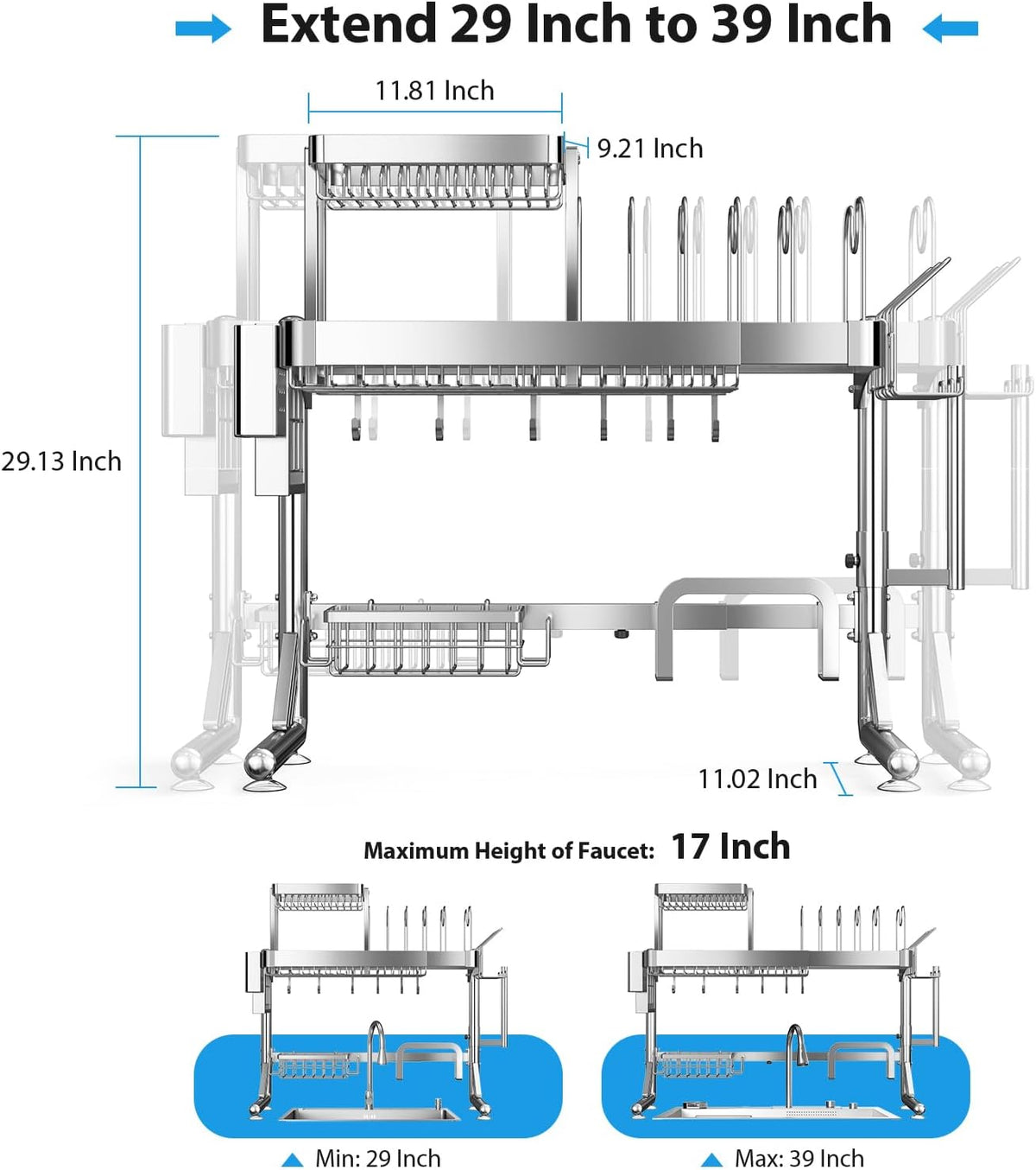 Over Sink Dish Drying Rack, Upgrade 2.5-Tier 304 Stainless Steel Dish Rack Adjustable Length with