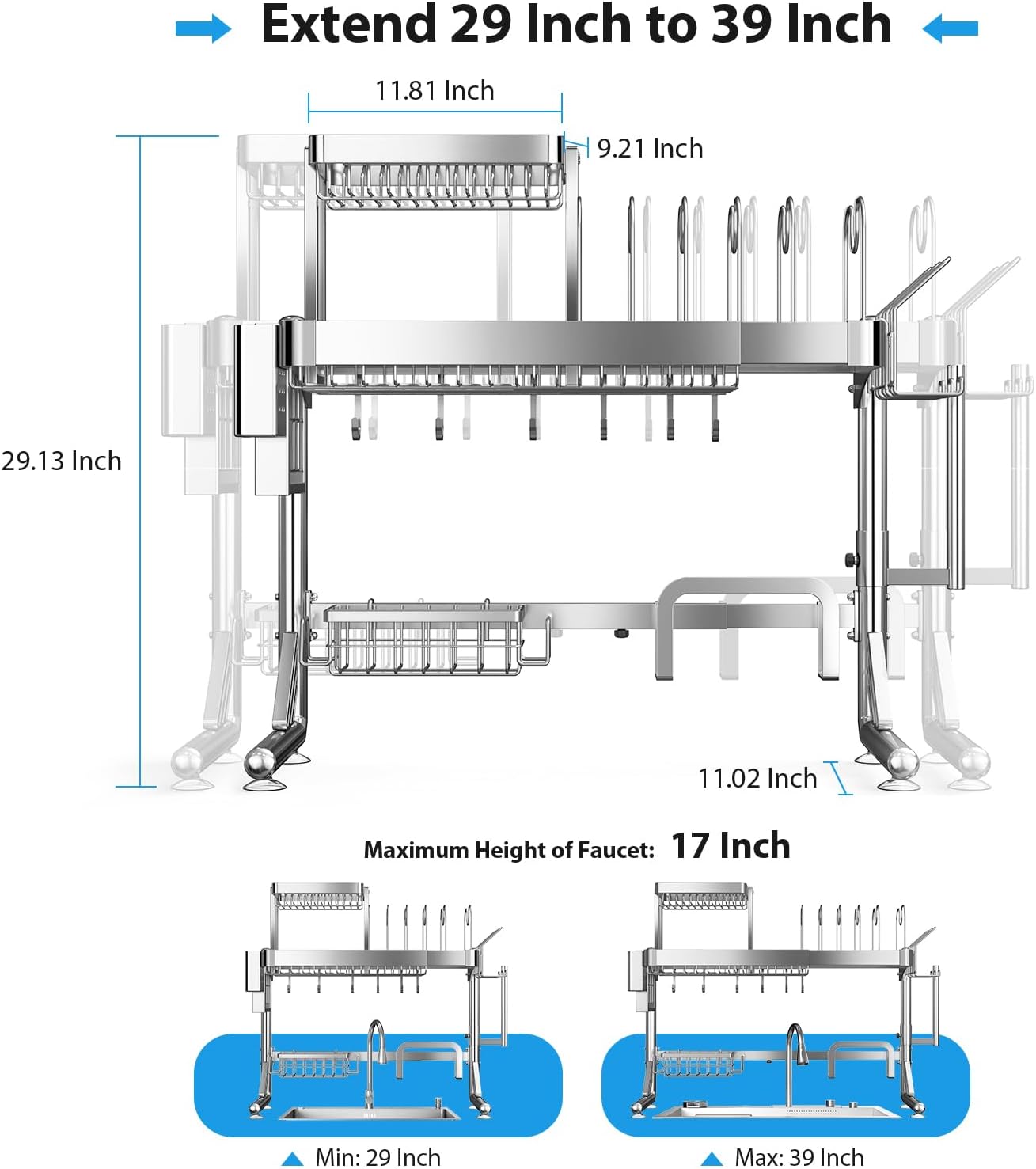 Over Sink Dish Drying Rack, Upgrade 2.5-Tier 304 Stainless Steel Dish Rack Adjustable Length with