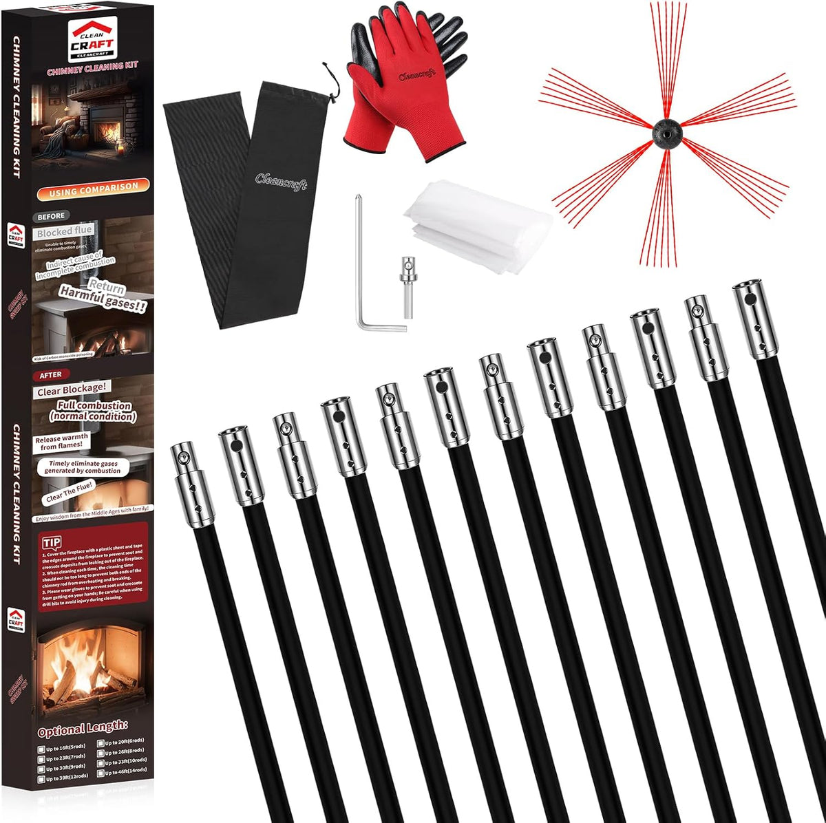 39 Feet Chimney Sweep Kit, Chimney Cleaning Kit with 12 Flexible Black Chimney Rods, Chimney Brush