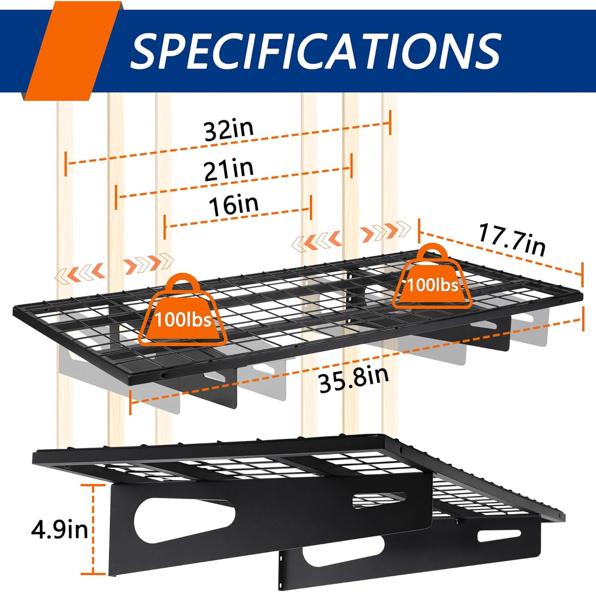 2-Pack 1.5x3FT Garage Shelving 17.7-inch-by-35.8-inch Wall Shelf Garage Storage Rack Wall Mounted