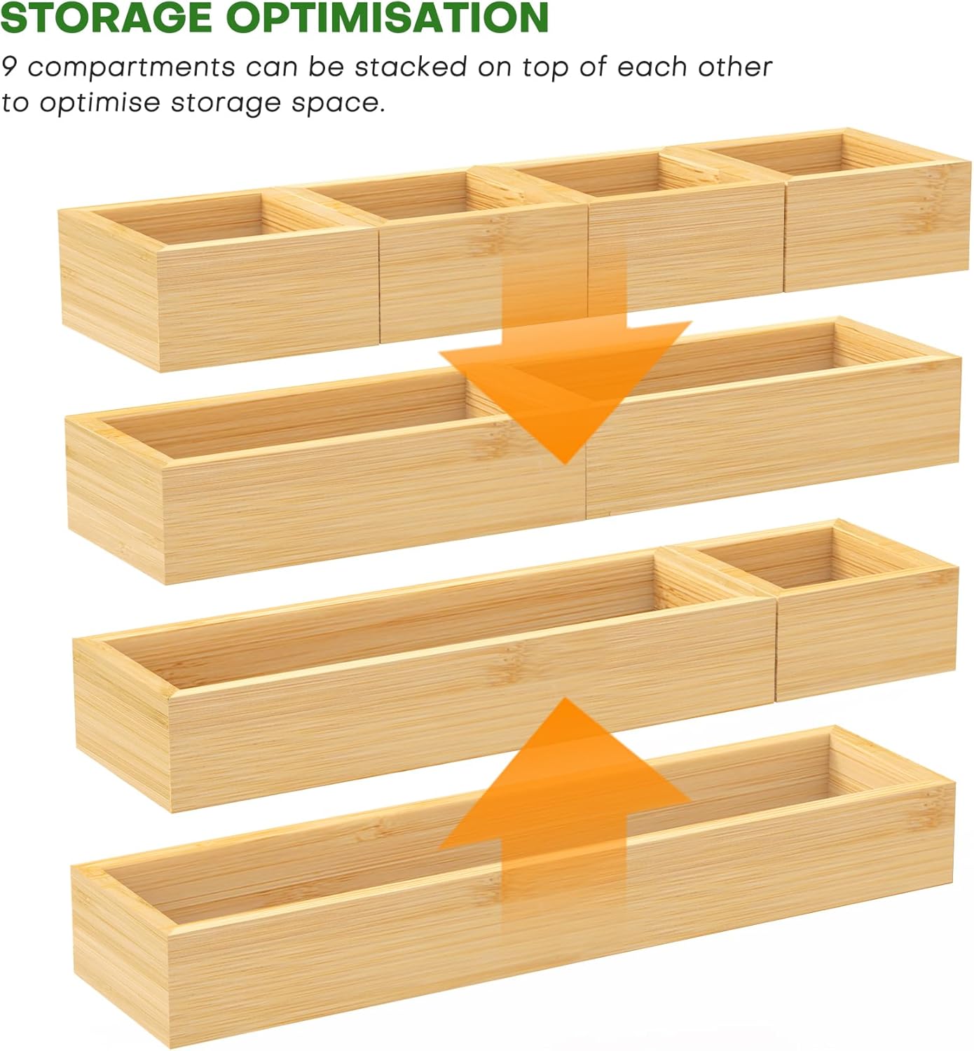 Bamboo Drawer Organizer Set, 9 PCS Multi-Use Individual Wood Storage Organizers, Junk Drawer
