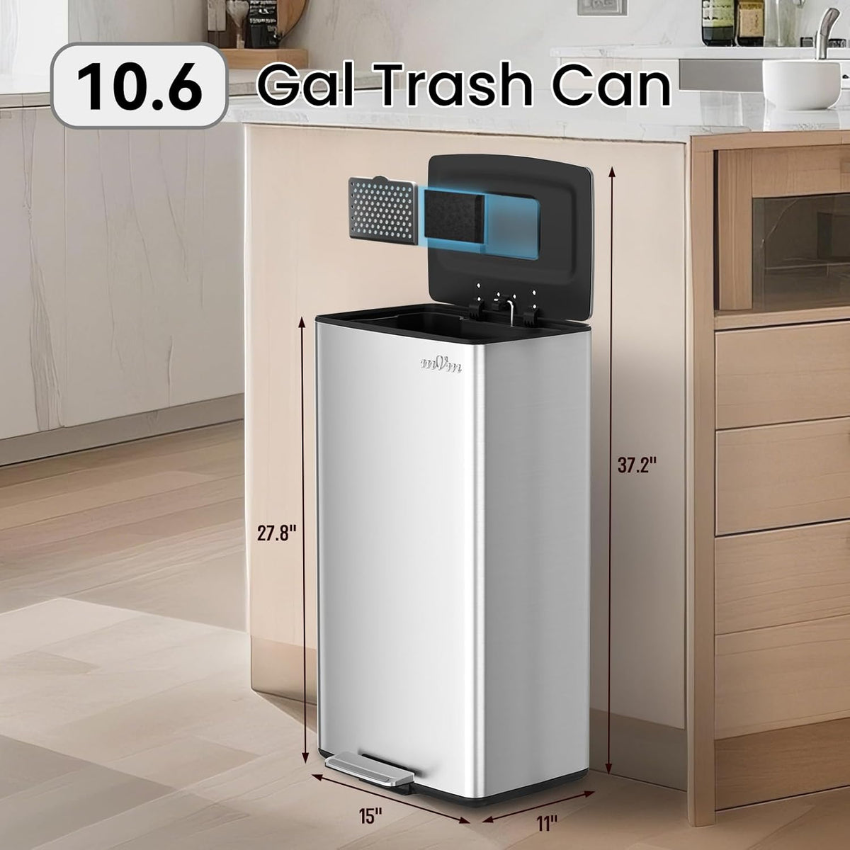 mVm 10.6 Gallon Kitchen Step Trash Can, Soft-Close and Foldable Foot Pedal Heavy Duty Bin for