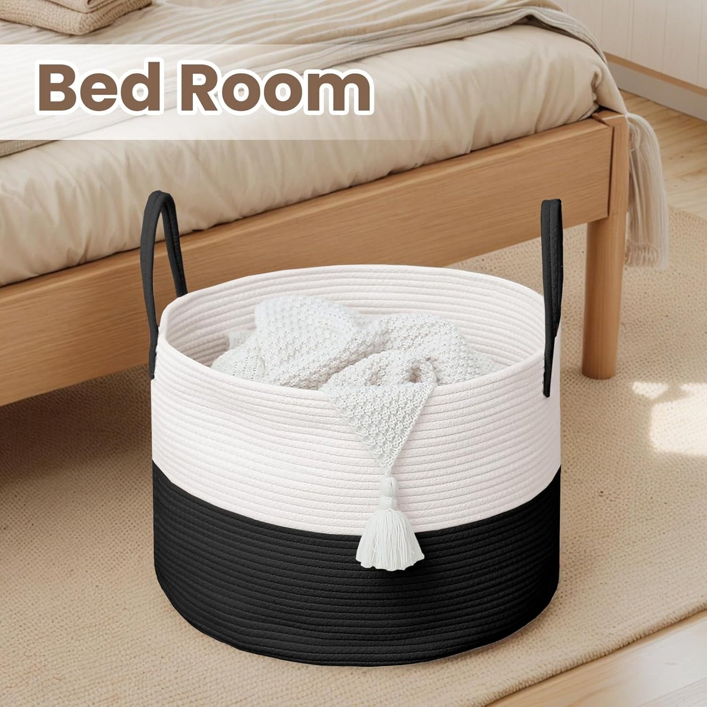 Woven Blanket Basket,115L Large Rope Storage Bin with Handles, Organizer for Blankets Toys Book and