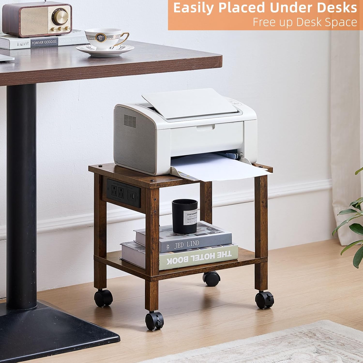 Lerliuo Under Desk Printer Stand with Charging Station, 2 Tier Wooden Small Printer Table with