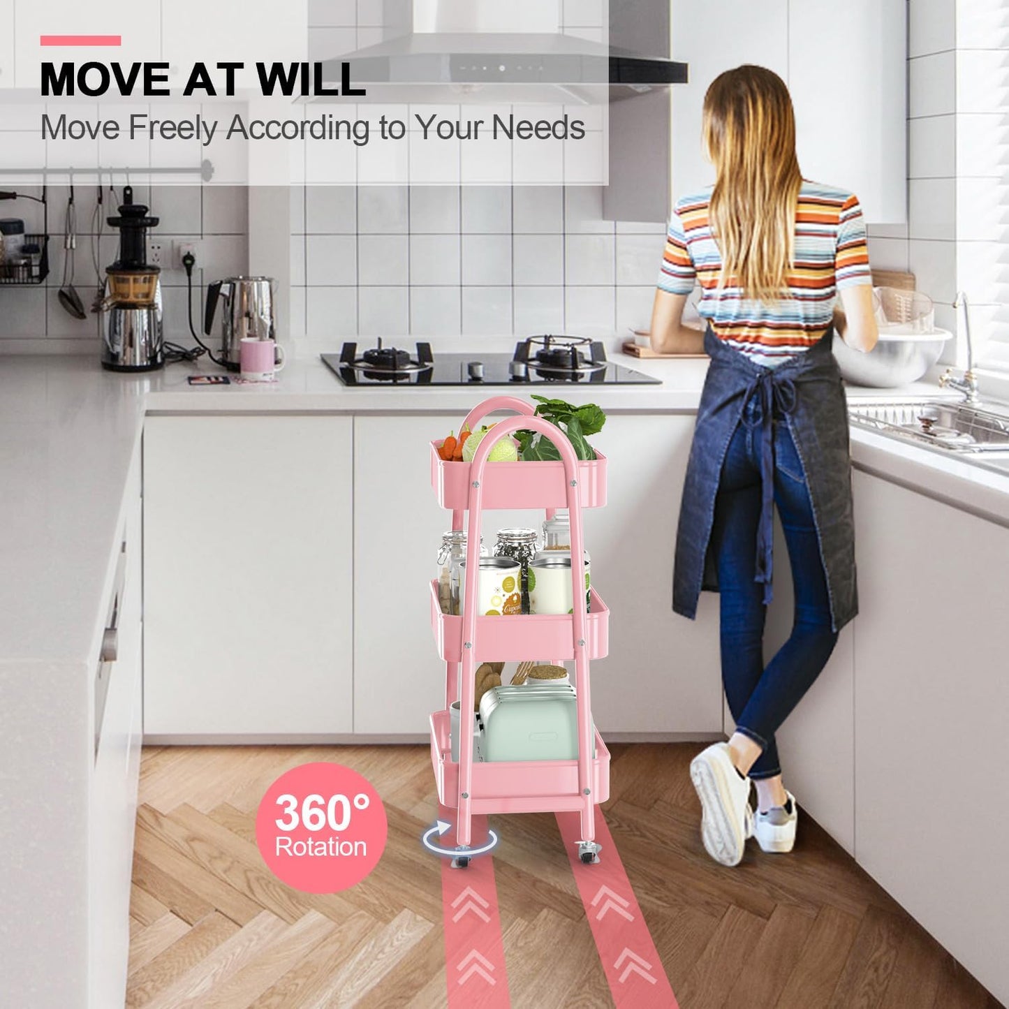 EAGMAK 3 Tier Utility Rolling Cart, Metal Storage Cart with Handle and Lockable Wheels