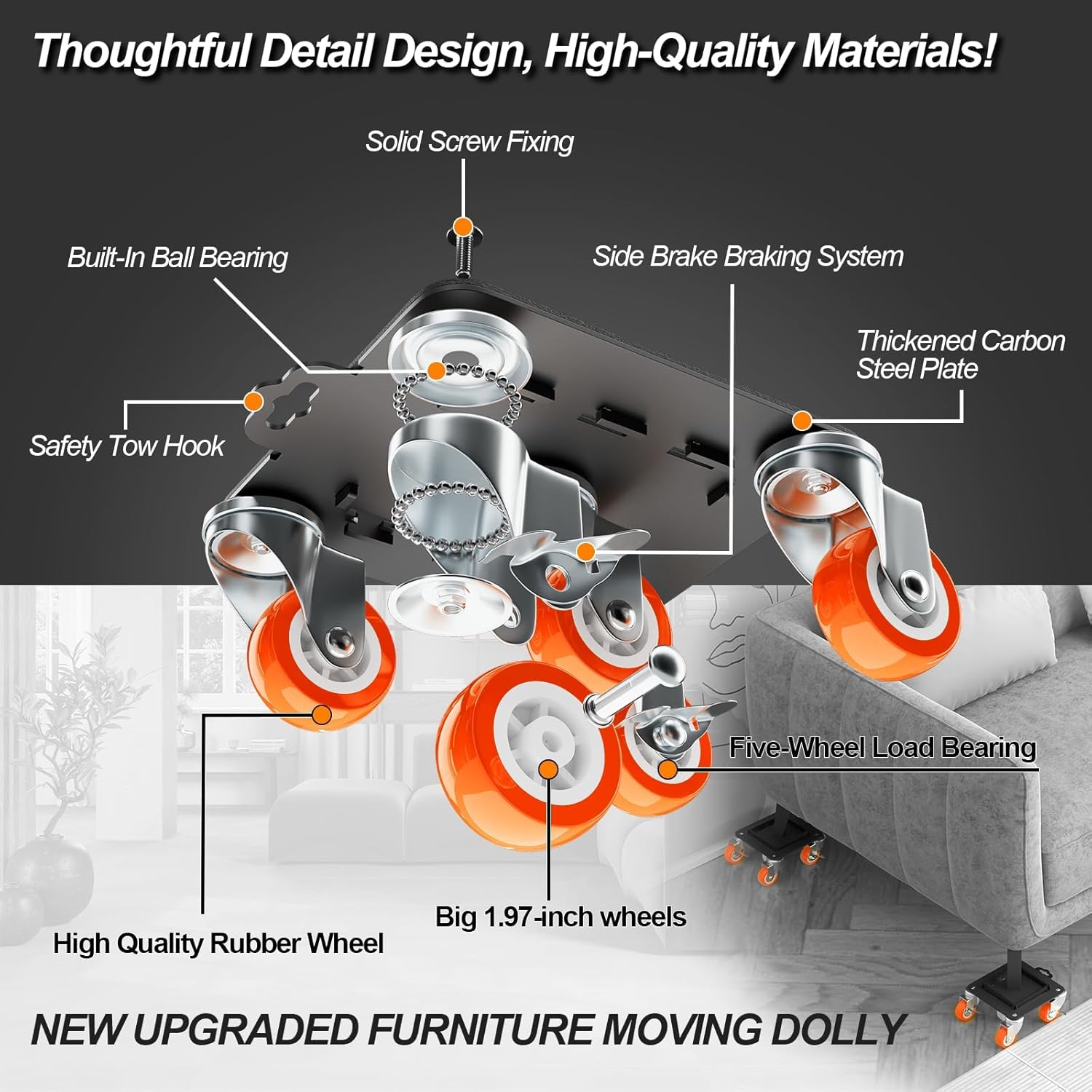 Furniture Dolly 5 Wheels Heavy Duty with Removable Side Guards,3307 Lbs Capacity,360° Rotating