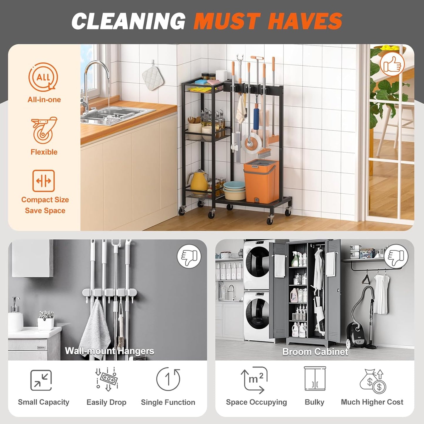 Broom Holder with Cleaning Supplies Organizer, Broom Closet Storage Cabinet with Cleaning Caddy
