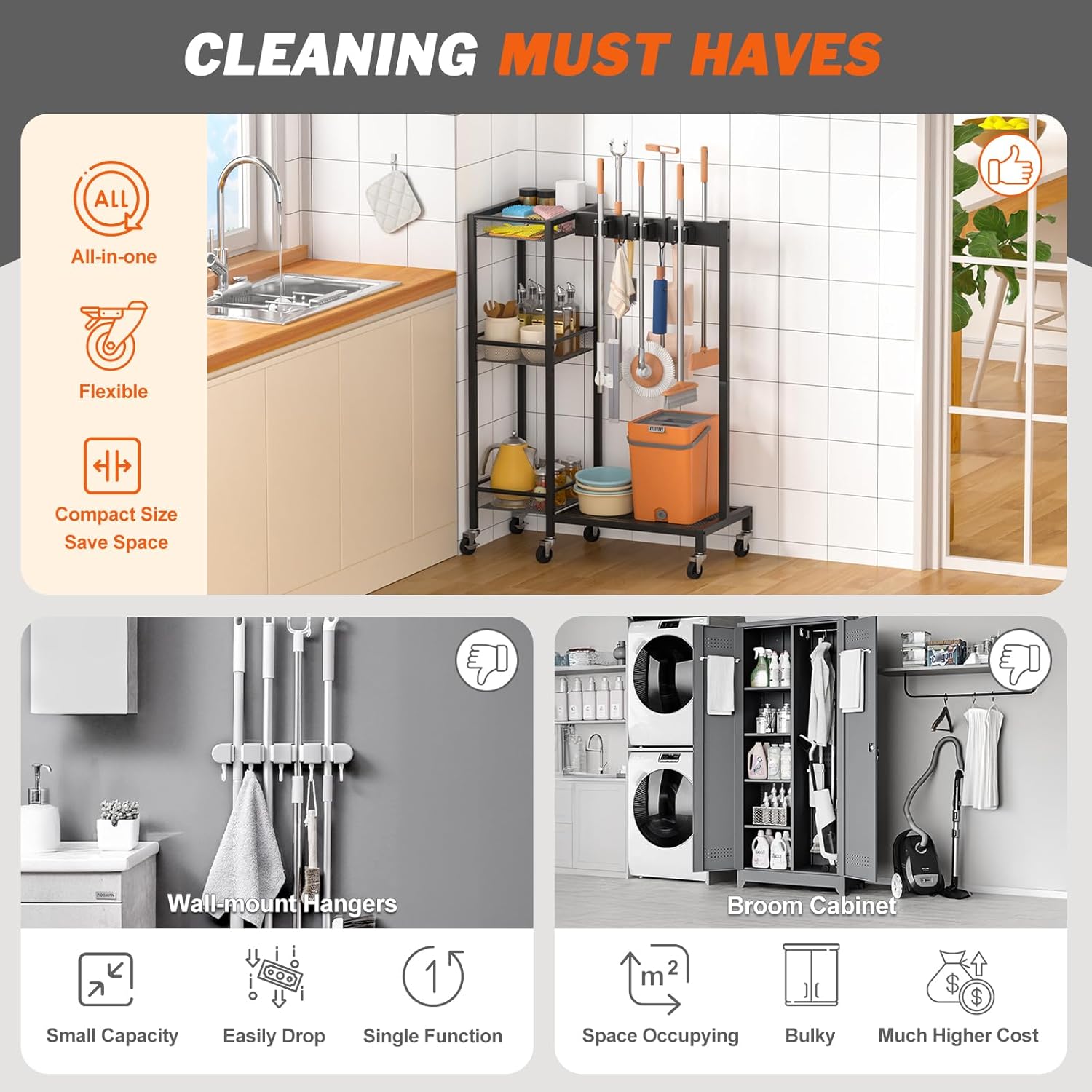 Broom Holder with Cleaning Supplies Organizer, Broom Closet Storage Cabinet with Cleaning Caddy