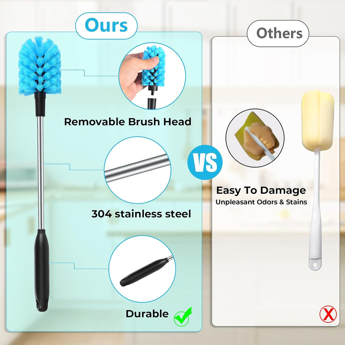 2-in-1 Stainless Steel Long Handled Water Bottle Brush, Multi-Purpose Bottle Scrubbing Brush, Soft