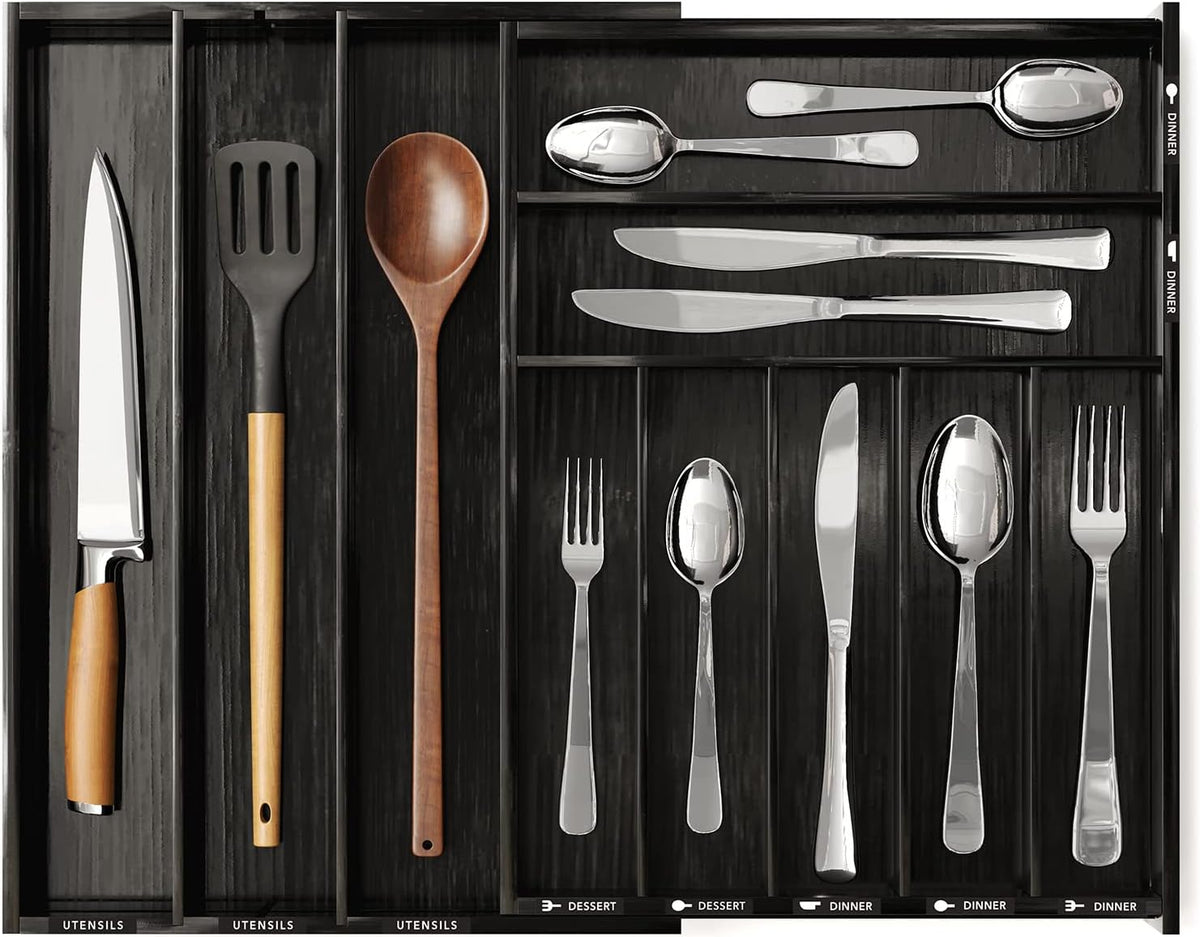 SpaceAid Bamboo Silverware Drawer Organizer with Labels, Kitchen Utensil Expandable Tray Holder