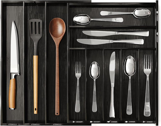 SpaceAid Bamboo Silverware Drawer Organizer with Labels, Kitchen Utensil Expandable Tray Holder