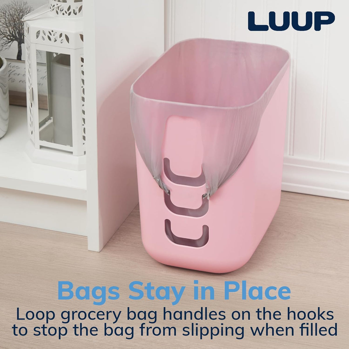 STORi Luup Bathroom Wastebasket, Secure Grocery Bags, Plastic Garbage Container for Vanity, Laundry