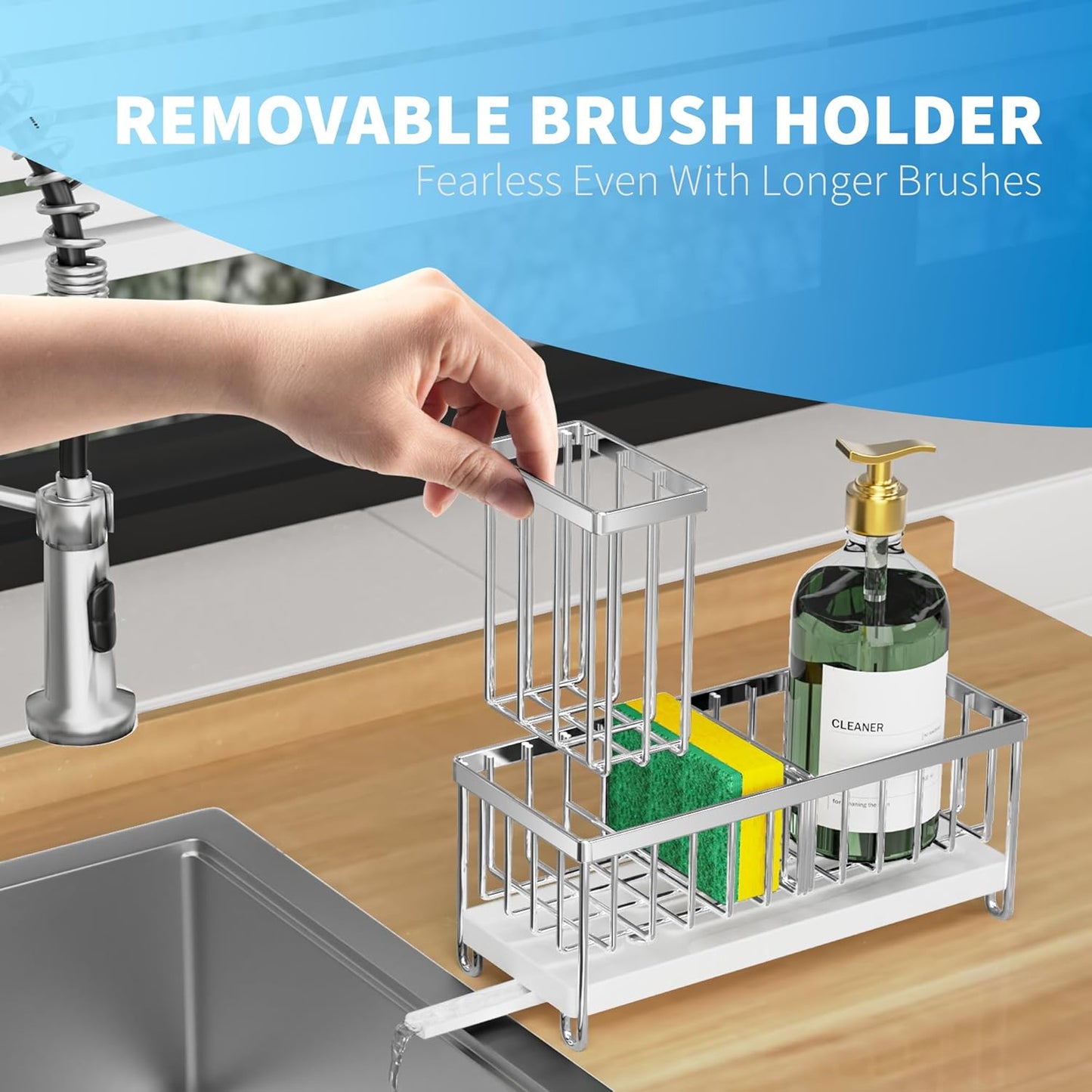 Cisily Silver Sponge Holder for Kitchen Sink, Sink Caddy Organizer with High Brush Holder, Kitchen