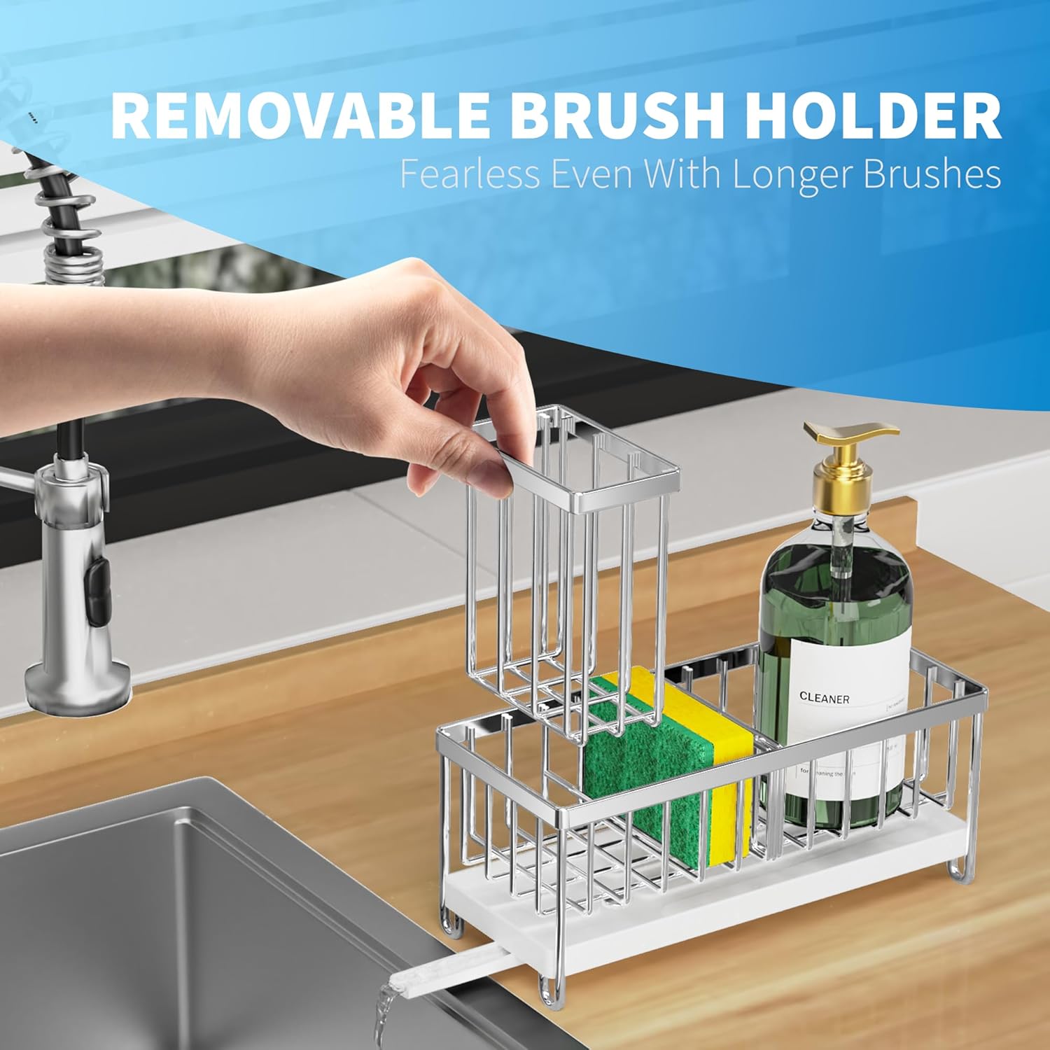 Cisily Silver Sponge Holder for Kitchen Sink, Sink Caddy Organizer with High Brush Holder, Kitchen