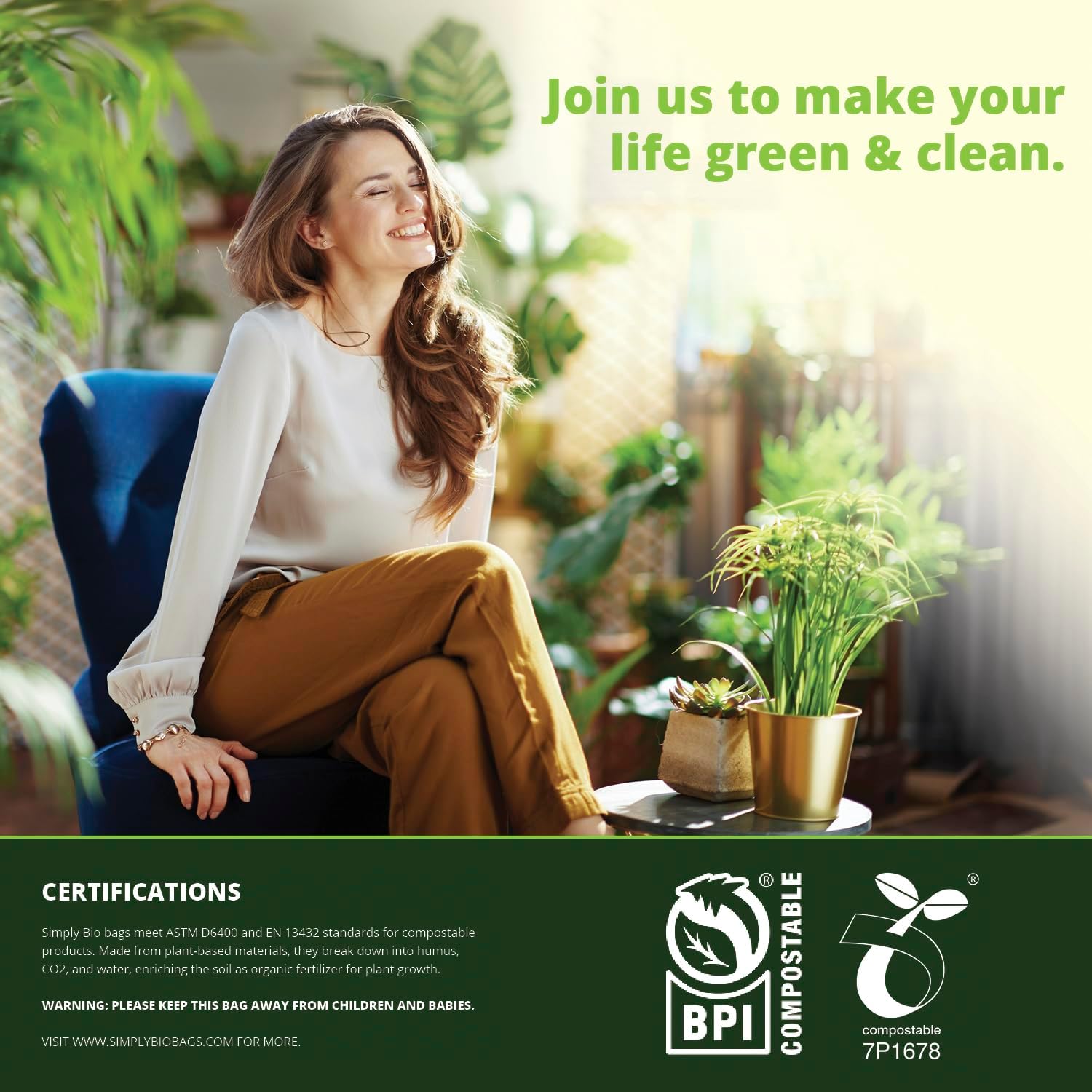 Simply Bio 13 Gallon Compostable Trash Bags Liners Drawstring, Heavy Duty Extra Thick 1 Mil, 49.21