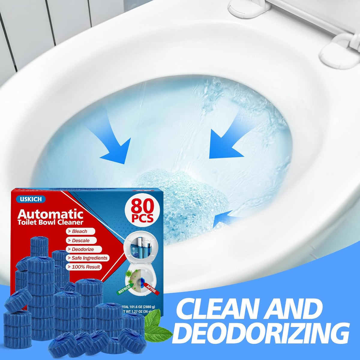 USKICH 80 Pack Toilet Bowl Cleaner Tablets,Blue Automatic Toilet Tank Cleaners, Long-Lasting