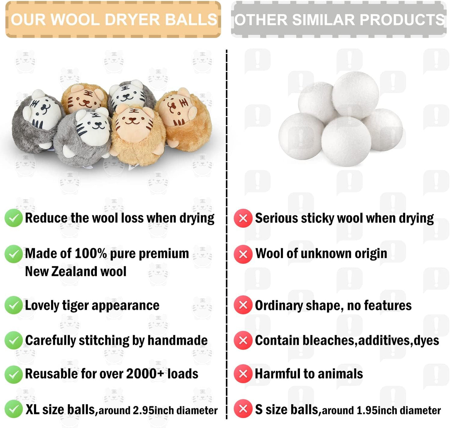 XL Size Wool Dryer Balls 6 Pcs - Over 2000 Loads,Lovely Tiger Appearance-Reusable,Hypoallergenic