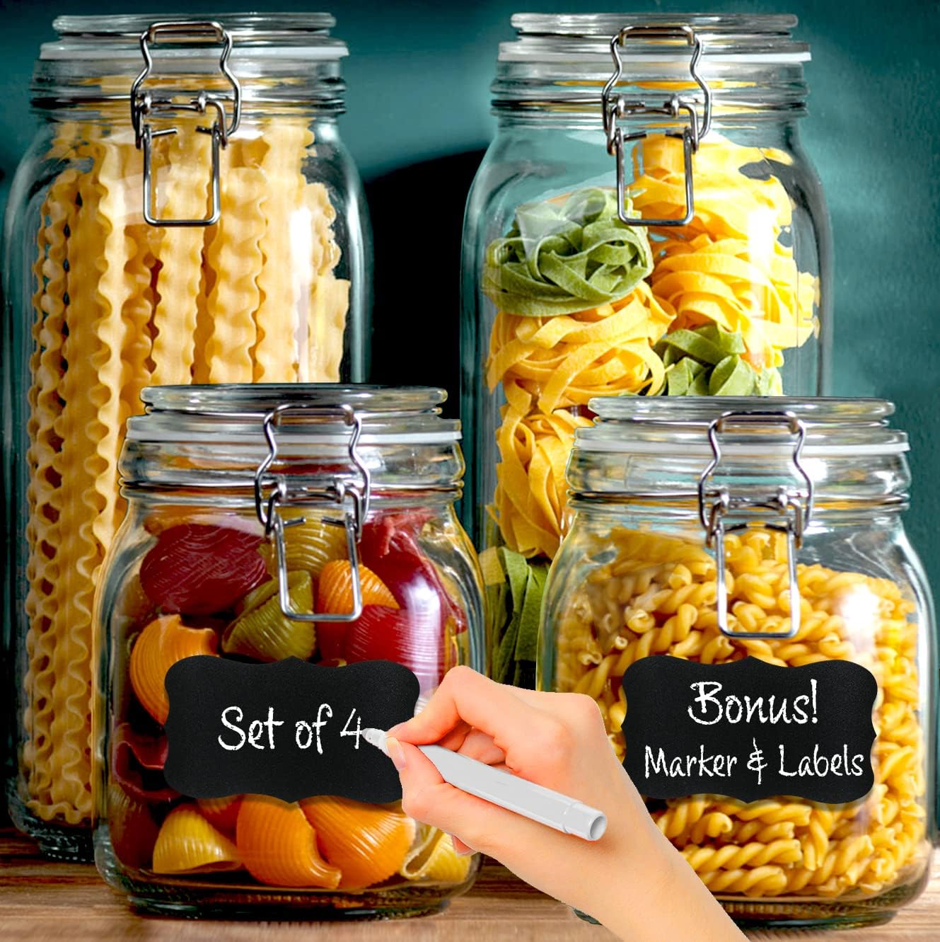 4 Glass Food Storage Jars with Airtight Lids + Chalkboard & Marker, Kitchen Canisters for Flour