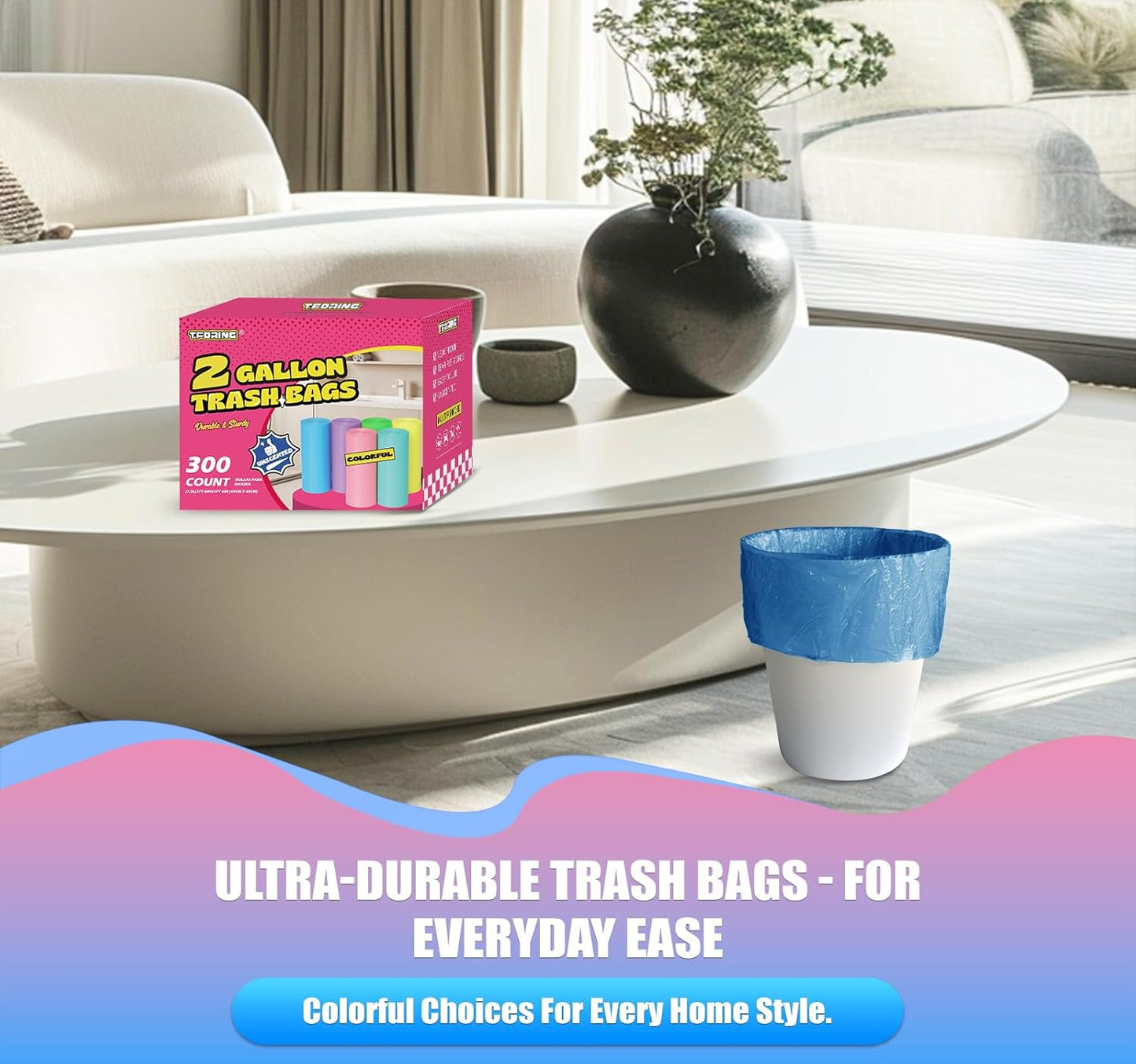 300 Count 3 Gallon Trash Bags - 12 Liter Colored Small Garbage Bags Unscented Wastebasket Liners