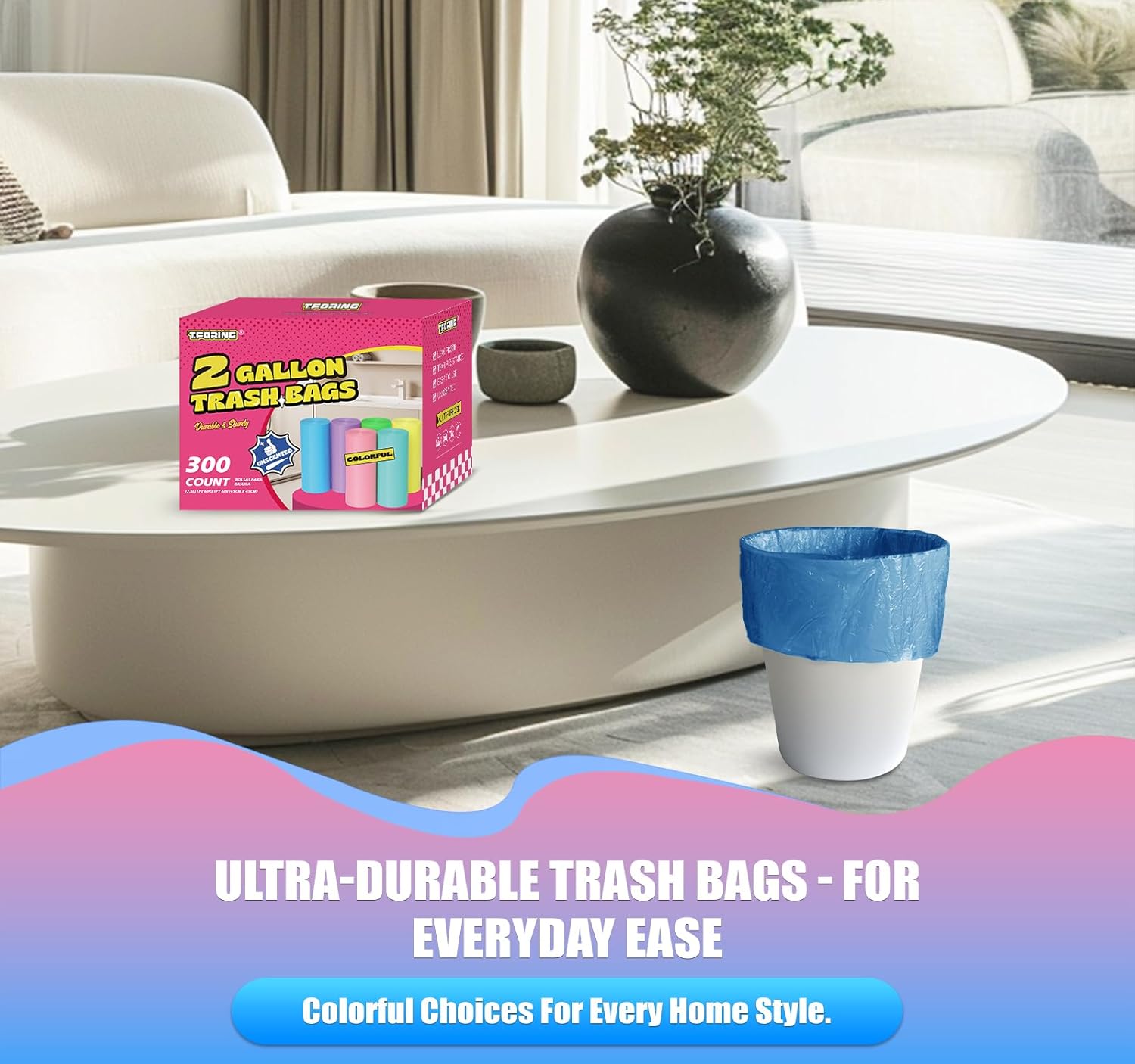 300 Count 3 Gallon Trash Bags - 12 Liter Colored Small Garbage Bags Unscented Wastebasket Liners