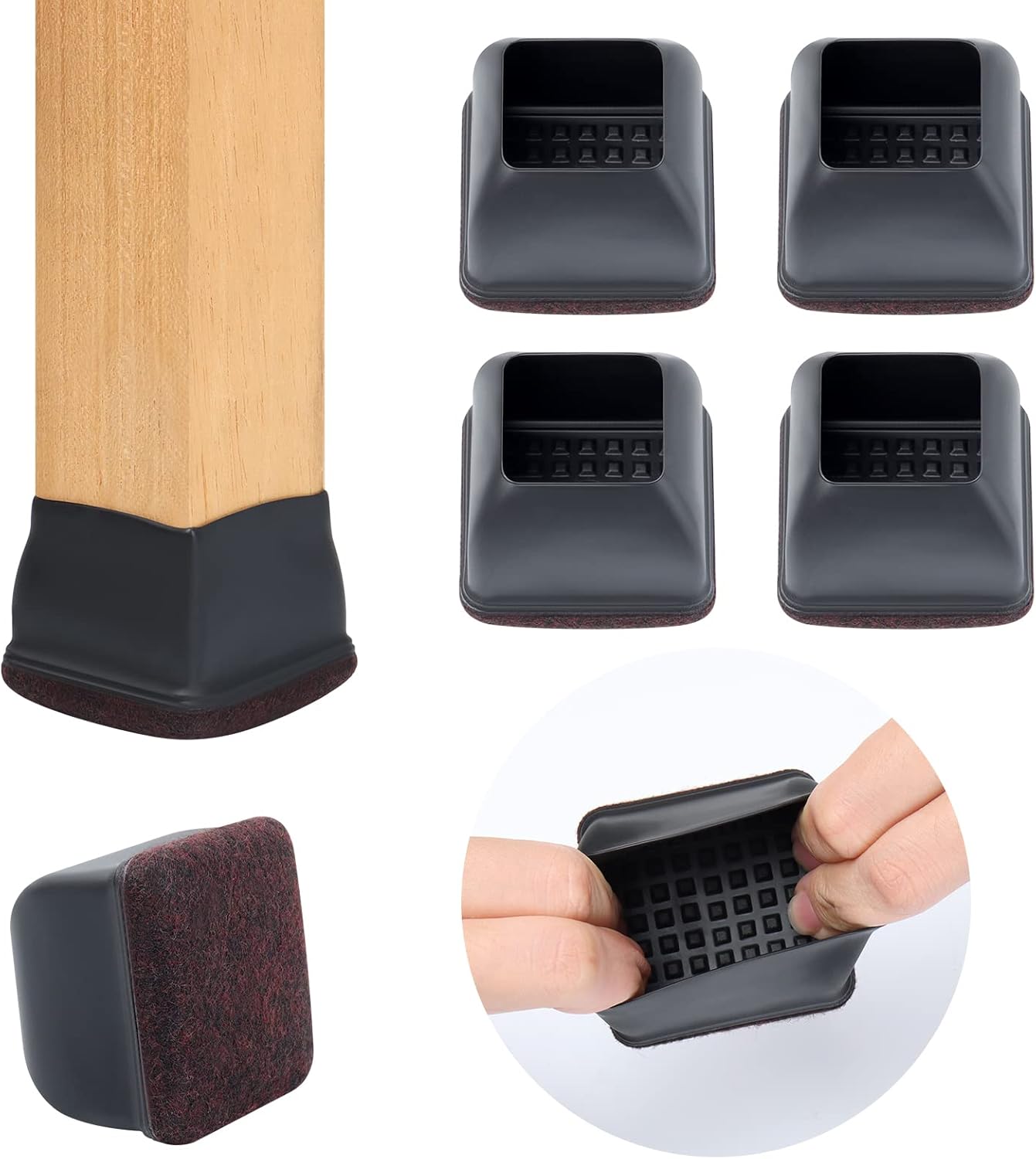 Ezprotekt 24 Pcs Square Chair Leg Floor Protectors for Hardwood Floors, Silicone Felt Furniture