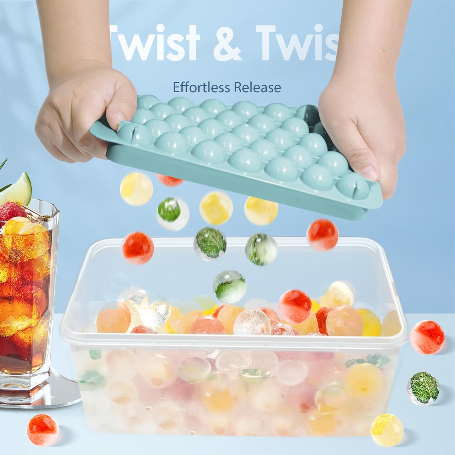 WIBIMEN Ice Cube Tray with Lid and Bin - Round Ice Trays for Freezer with Lid - Ice Cube Trays for