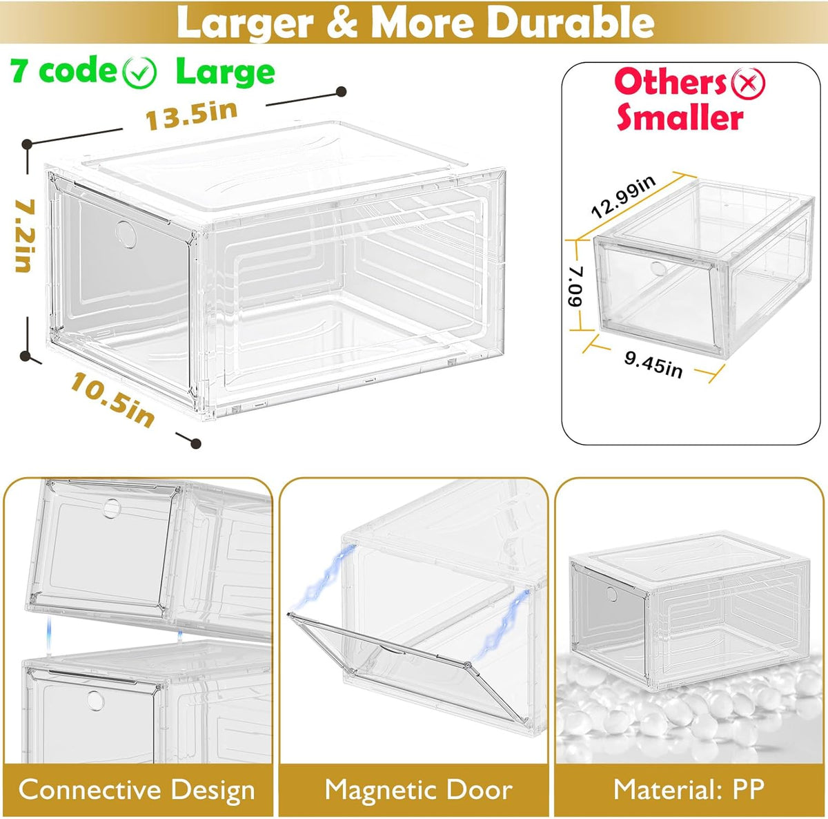 Thicken & Sturdy Clear Shoe Storage Organizer with Magnetic Door, Stackable Boxes for Closet
