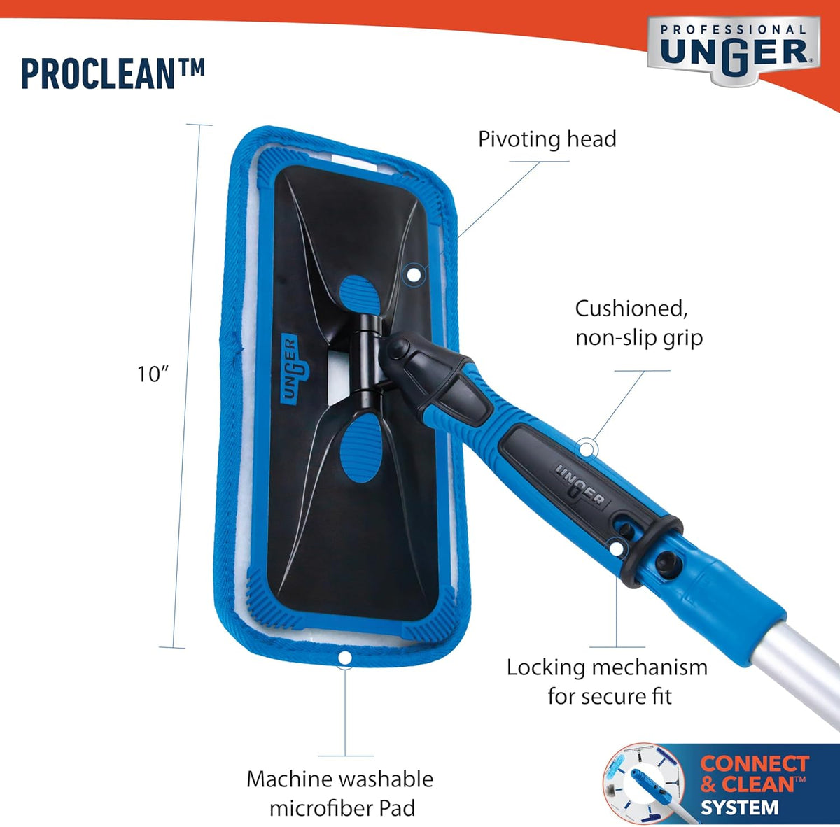 UNGER ProClean Connect and Clean Indoor Window Cleaning Kit, Washing Tool with Swivel Head for