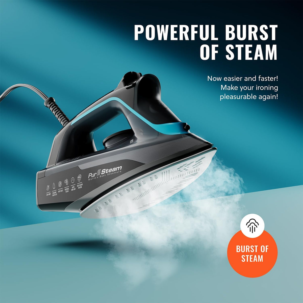 Pursteam SteamBurst+ 1750W Steam Iron, Ceramic Soleplate, Adjustable Steam, Burst of Steam