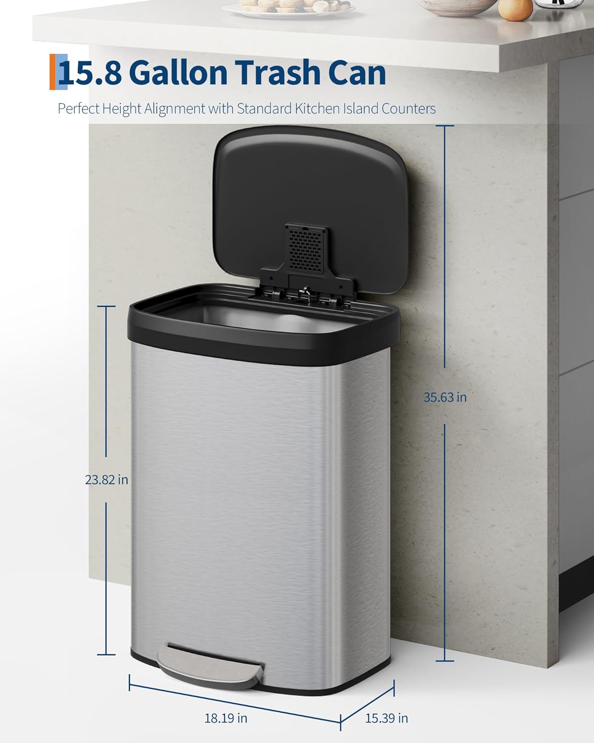 Garvee 16 Gallon / 60 Liter Stainless Steel Trash Can with Lid, Large Garbage Can for Kitchen