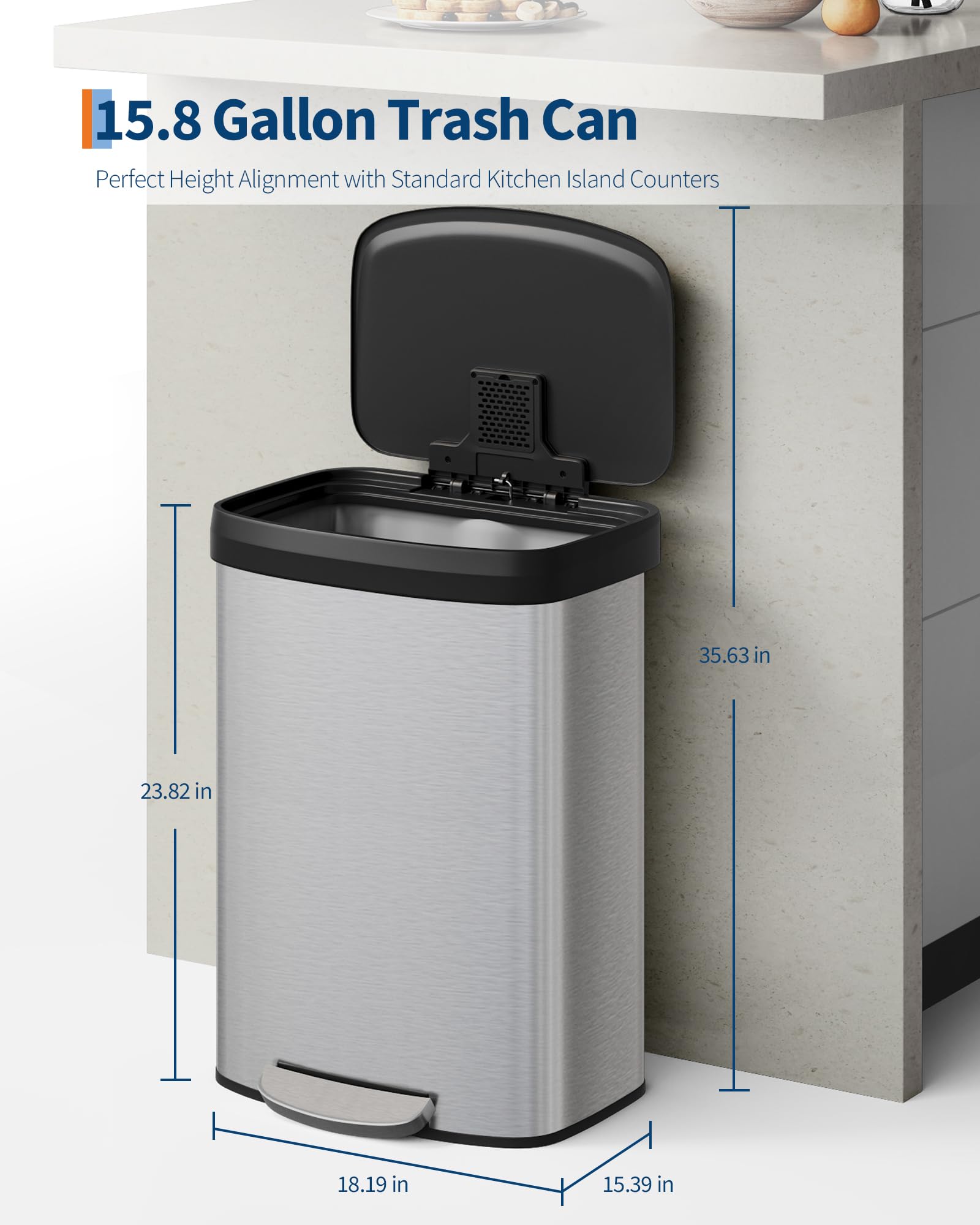 Garvee 16 gal / 60 L Stainless Steel Trash Can with Lid, Large Garbage Can for Kitchen, Rustproof