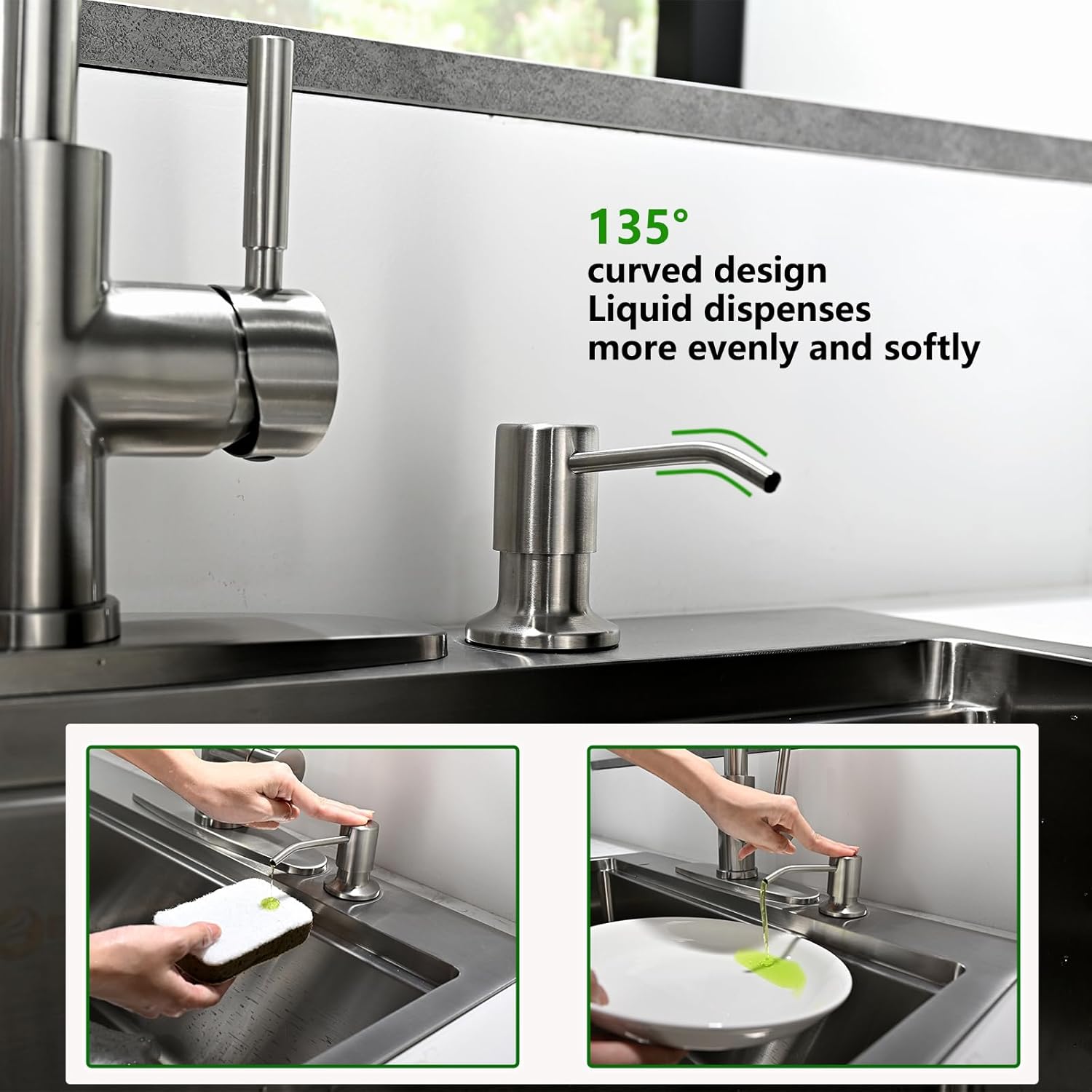 Built in Soap Dispenser for Kitchen Sink, Stainless Steel Brushed Nickel Countertop Pump Head, Dish