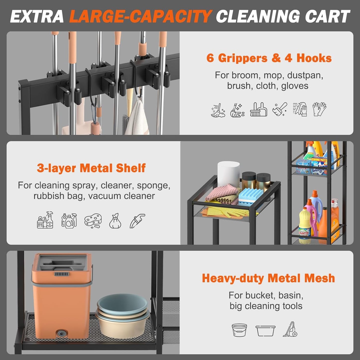 Broom Holder with Cleaning Supplies Organizer, Broom Closet Storage Cabinet with Cleaning Caddy