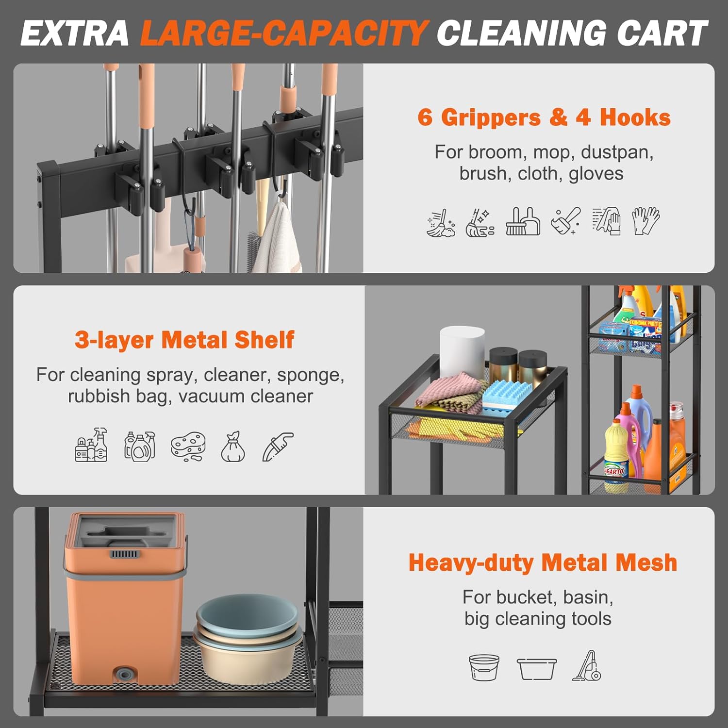 Broom Holder with Cleaning Supplies Organizer, Broom Closet Storage Cabinet with Cleaning Caddy
