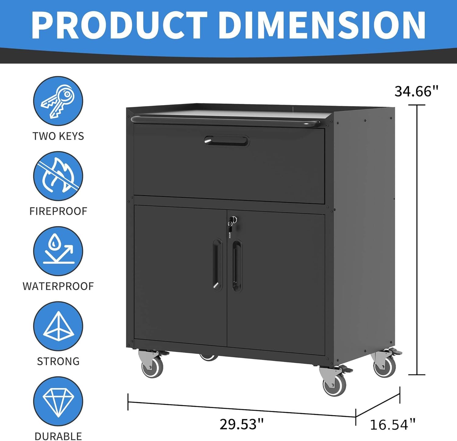 Metal Storage Cabinet with Wheels, Lockable Garage Cabinet with 2 Doors and 1 Drawer, Rolling Tool