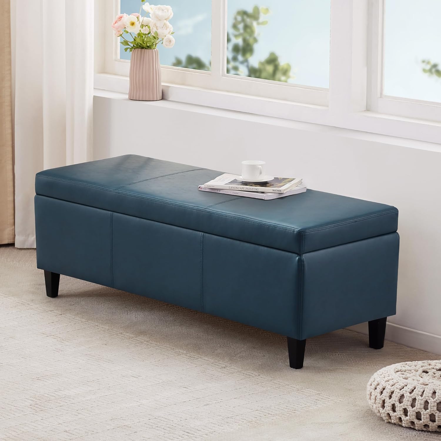 HUIMO Faux Leather Storage Ottoman Bench 50.3 Inch Extra Long PU Upholstered Bedroom Bench with
