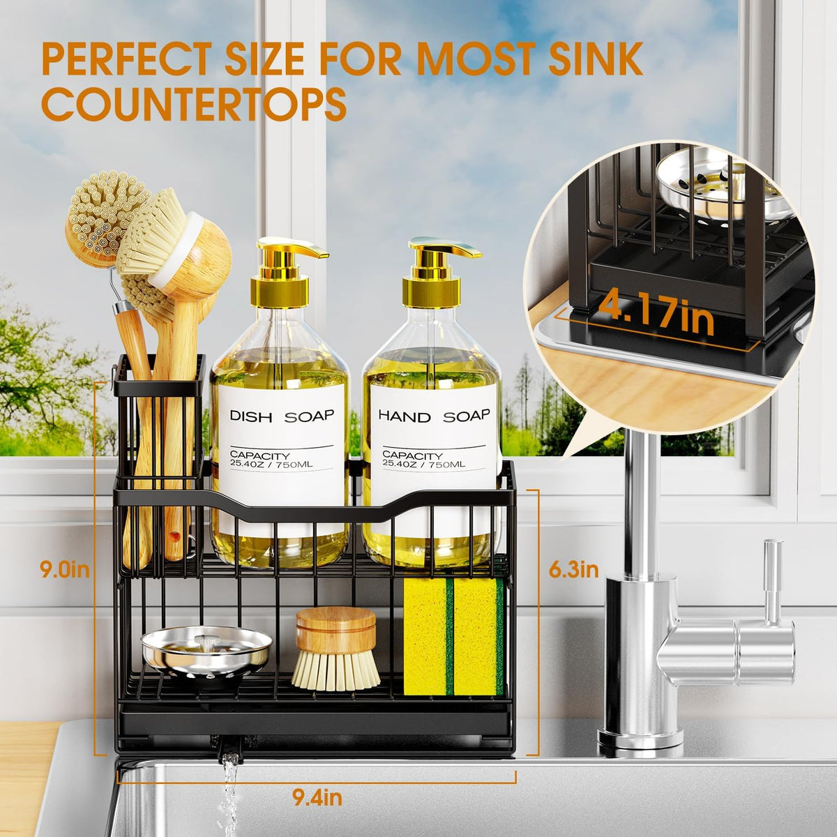2-Tier Kitchen Sink Caddy with High Brush Holder&Self-Draining Tray,Rustproof&Non-Slip Sink Sponge