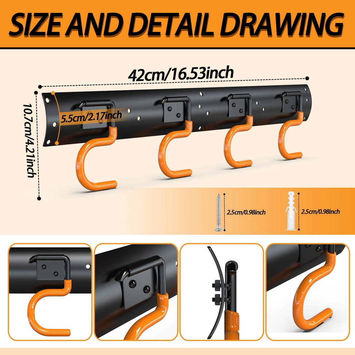 3-H 6×16" All Metal Garden Tool Organizer, Garage Tool Organizer, Broom Holder Wall Mount for