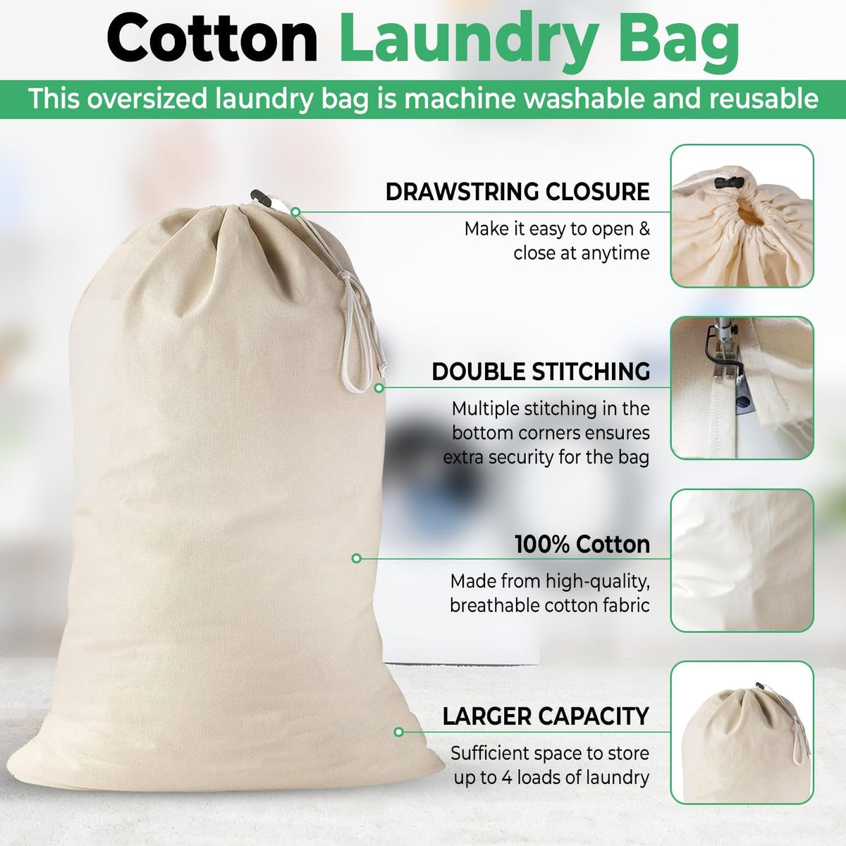 4 Pack - Extra Large Cotton Laundry Bag, Heavy Duty Large Laundry Bags 24 x 36 inch XL Drawstring