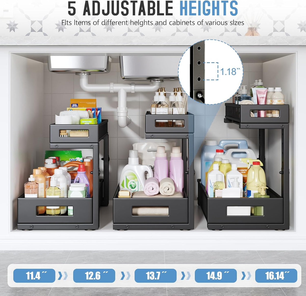 2 Pack 17IN Depth Under Sink Storage Organizer, Large 2-Tier Elegant Mesh Pull Out Shelf for