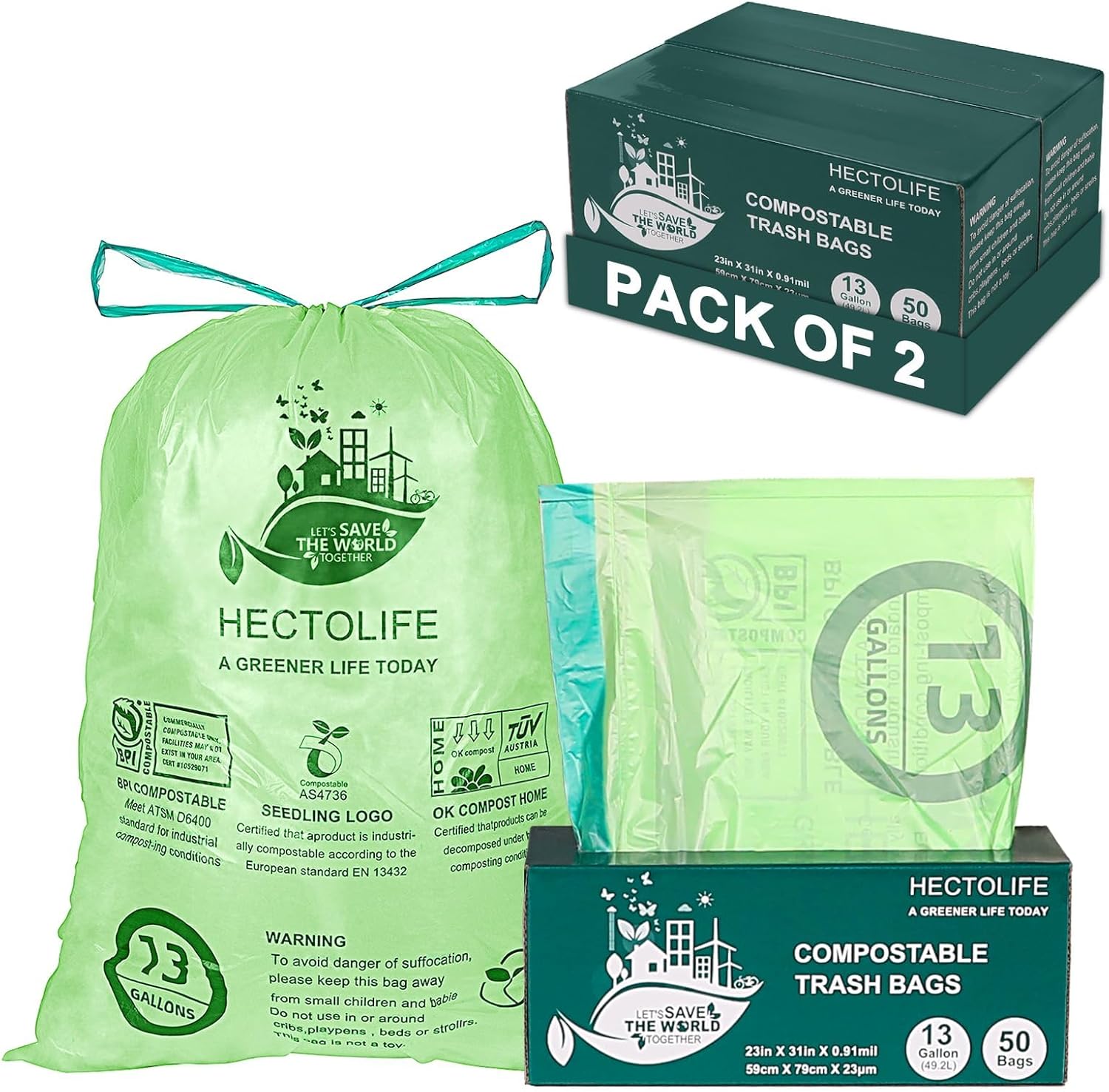 13 Gallon,100 Count, Compostable Trash Bags with Drawstring,Tear Resistant Kitchen Food Scrap Waste