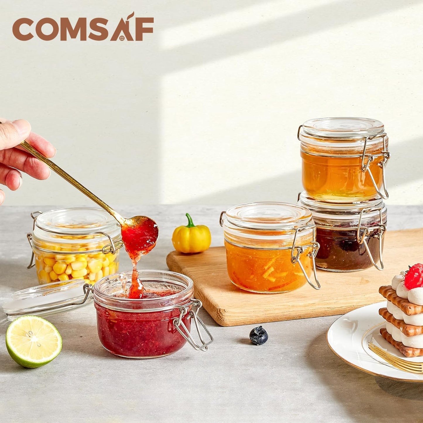ComSaf 4oz Small Airtight Glass Jars Set of 6 with Lids Food Storage Jar Round, Mason Jar, Mini