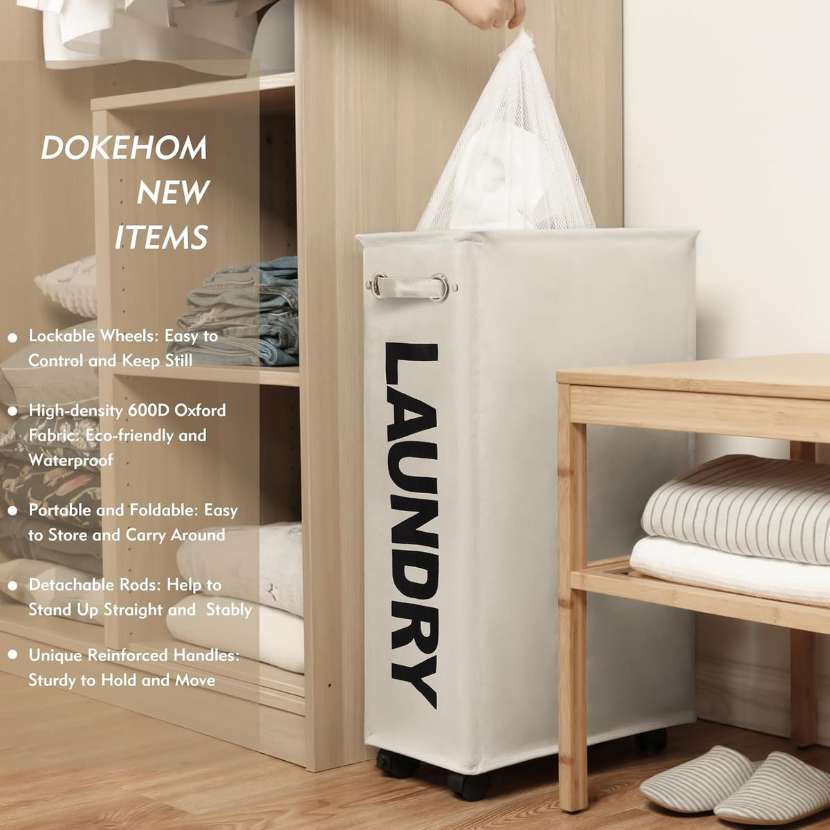 DOKEHOM 29-Inches Enlarged Slim Laundry Basket with Removable Wash Bag on Wheels, Collapsible