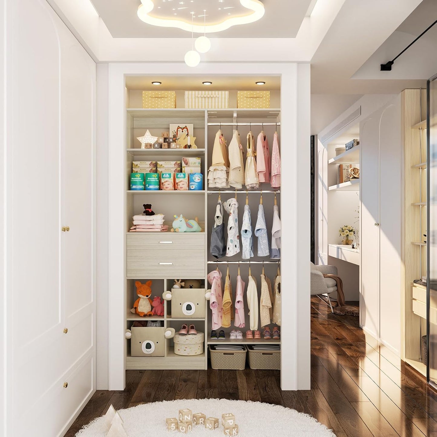 5FT Small Closet System, Baby Closet Organizer System with Wooden Drawers, 60 Inches Walk in Closet