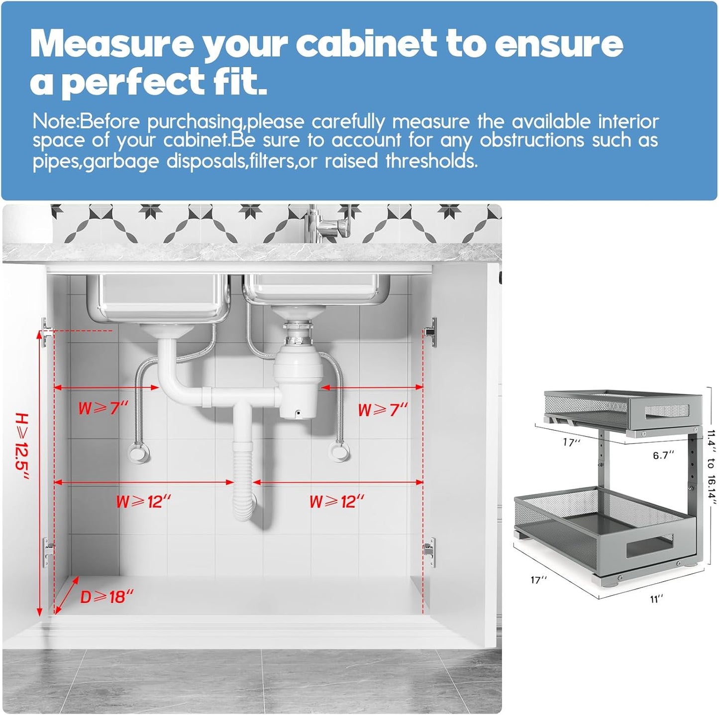 2 Pack 17IN Depth Under Sink Storage Organizer, Large 2-Tier Elegant Mesh Pull Out Shelf for